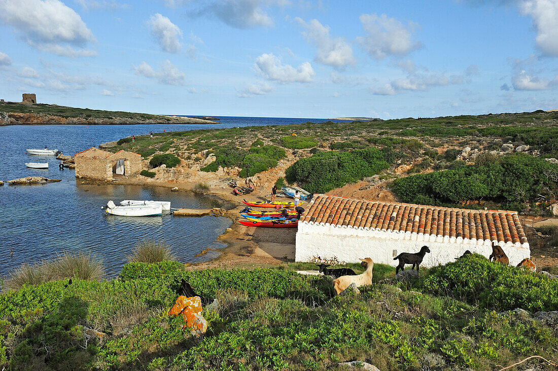 Kajaks in einsamer Bucht, Hafen von Sanitja, Kap Cavalleria an der Nordküste, Insel Menorca, Balearen, Spanien, Europa