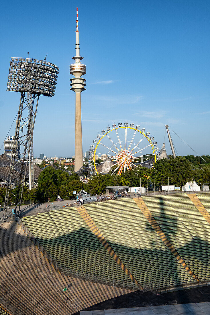  View of the Olympic Tower and the stadium from the roof of the Olympic Stadium, Munich, Upper Bavaria, Bavaria, Germany, Europe\n\n 