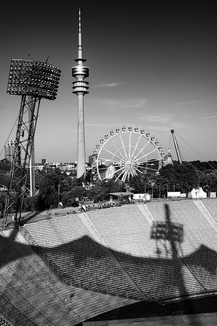  View of the Olympic Tower and the stadium from the roof of the Olympic Stadium, Munich, Upper Bavaria, Bavaria, Germany, Europe\n\n 