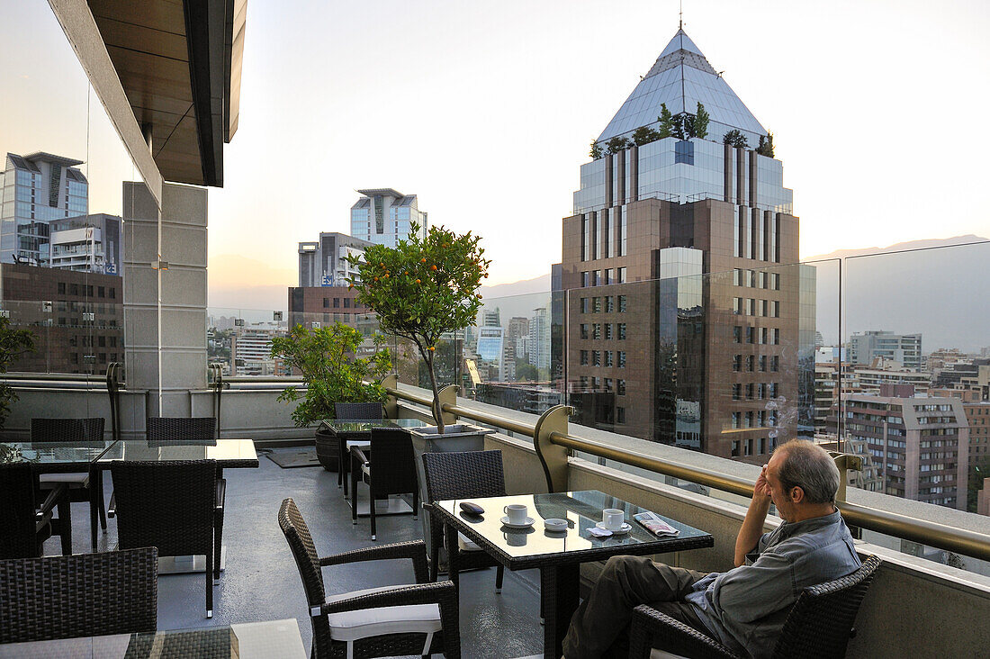 terrace of the Plazza El Bosque Hotel in the smart and financial neighborhood of Las Condes,nicknamed Sanhattan ,portmanteau word of Santiago and Manhattan, Santiago,Chile,South America