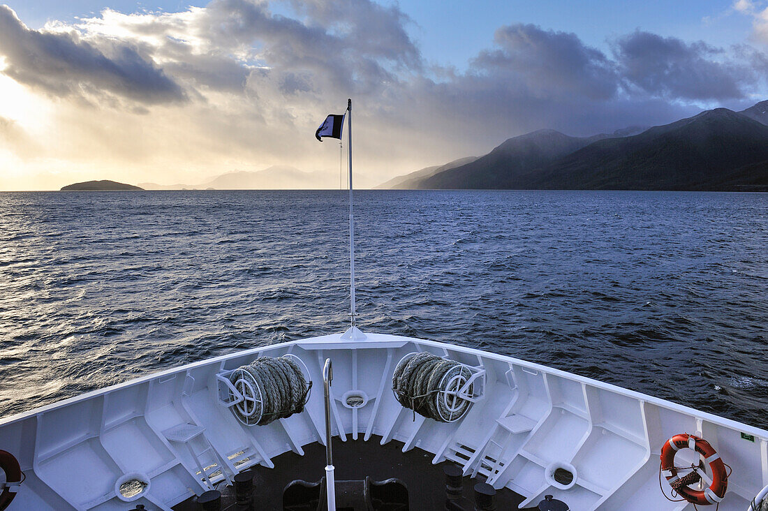 bow of the cruise ship Stella Australis of the Cruceros Australis compagny,Tierra del Fuego,Chile,South America