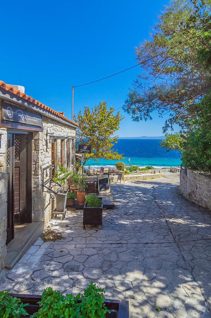  City view of Afitos, it is located between Nea Fokea and Kallithea and belongs to the municipality of Kassandra, Chalkidiki, in Greece 