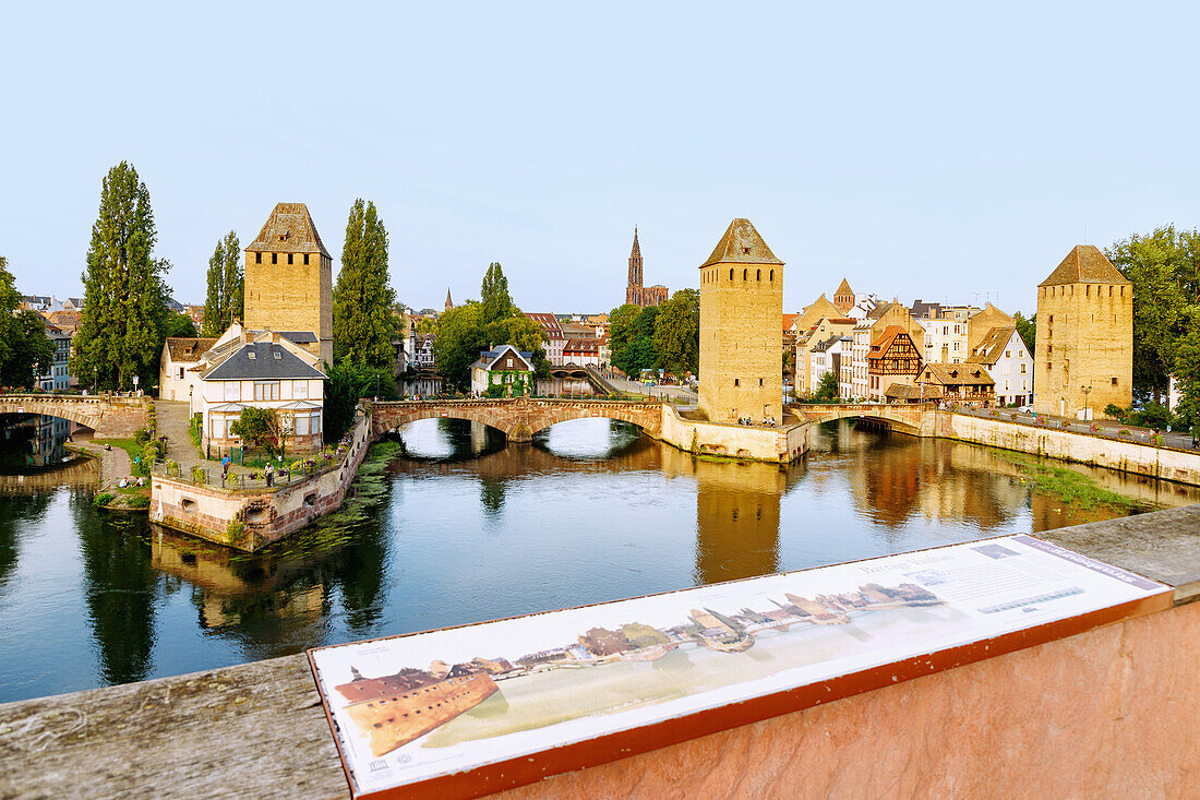  View of Ponts Couverts and la Petite France on the l&#39;Ill from Barrage Vauban in Strasbourg in the Bas-Rhin department in the Grand Est region of Alsace in France 