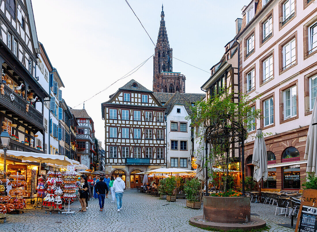  Place de la Grande Boucherie and view of the Strasbourg Cathedral (Münster zu Strasbourg, Liebfrauenmünster, La Cathedrale Notre-Dame) in Strasbourg in the Bas-Rhin department in the Grand Est region in Alsace in France 