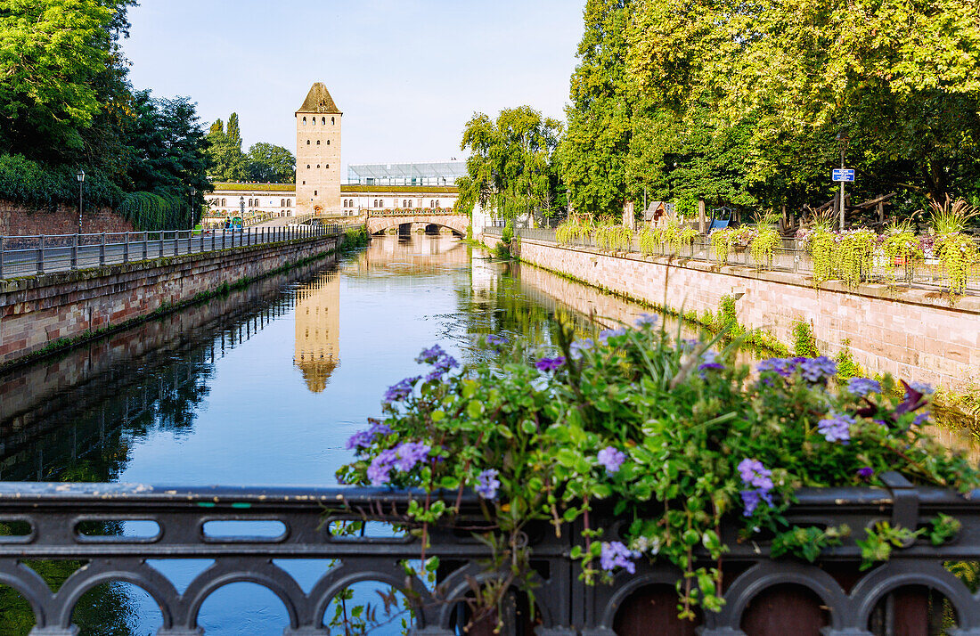  View of Ponts Couverts, Barrage Vauban and Musée d&#39;Art Moderne et Contemporain (MAMCS) from Rue des Moulins between Square Suzanne Lacore and Quai Woerthel in Strasbourg in the Bas-Rhin department in the Grand Est region of Alsace in France 