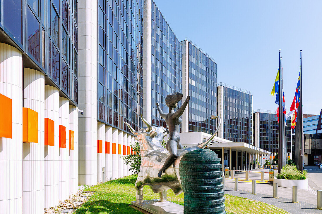  Sculpture &quot;The Abduction of Europe&quot; by Nikos and Pandelis Sotiriadis in front of the Winston Churchill Building in the Quartier Européen (European Quarter) at the Bassin de l&#39;Ill in Strasbourg in the Bas-Rhin department in the Grand Est region in Alsace in France 