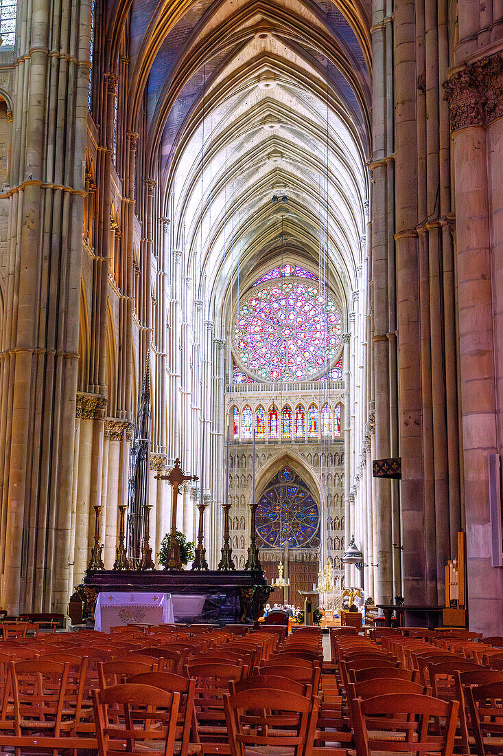 Innenraum der Kathedrale miit Rossette und Königsgalerie in Reims in der Weinbauregion Champagne im Département Marne in der Region Grande Est in Frankreich