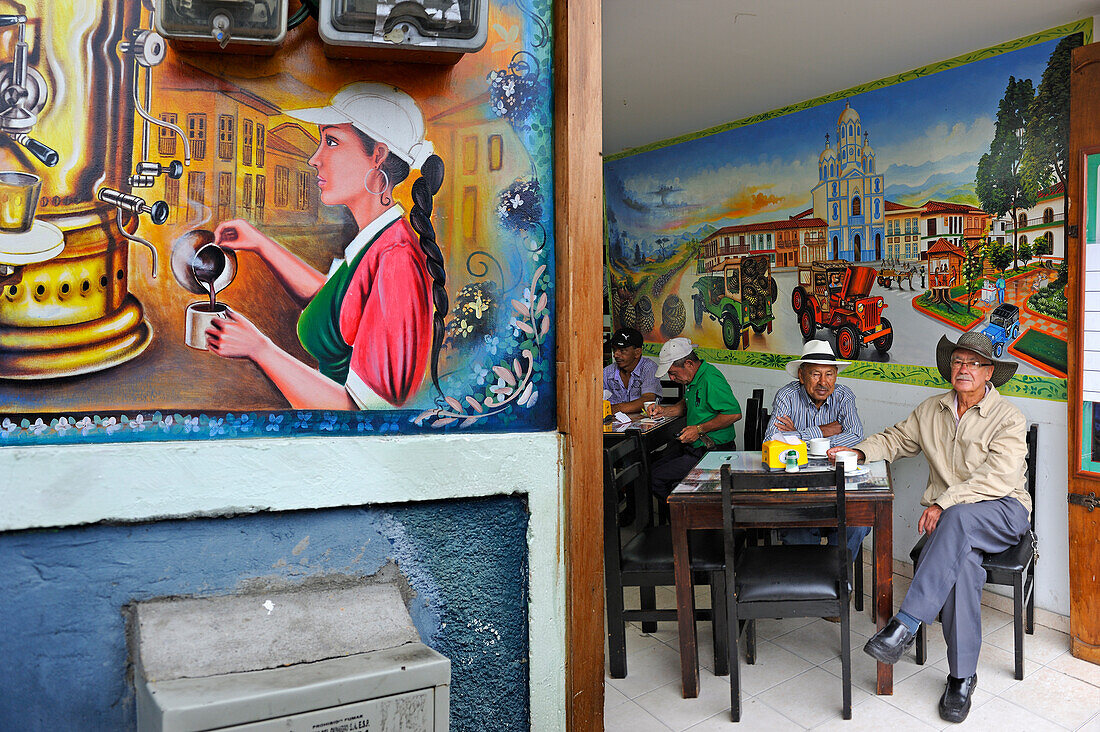 cafe on  Bolivar Square at Filandia, department of Quindio, Cordillera Central of the Andes mountain range,  Colombia, South America