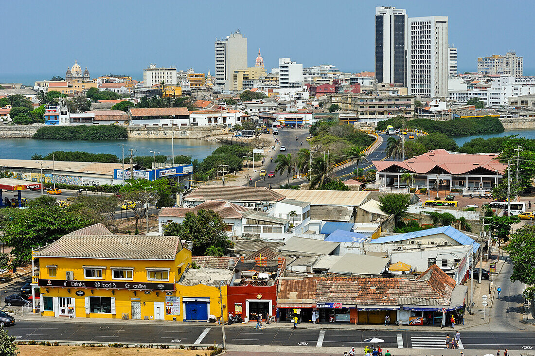 Getsemani and Downtown areas viewed from the Castillo San Felipe de Barajas, a Spanish fortress located on the Hill of San Lazaro,  Cartagena, Colombia, South America