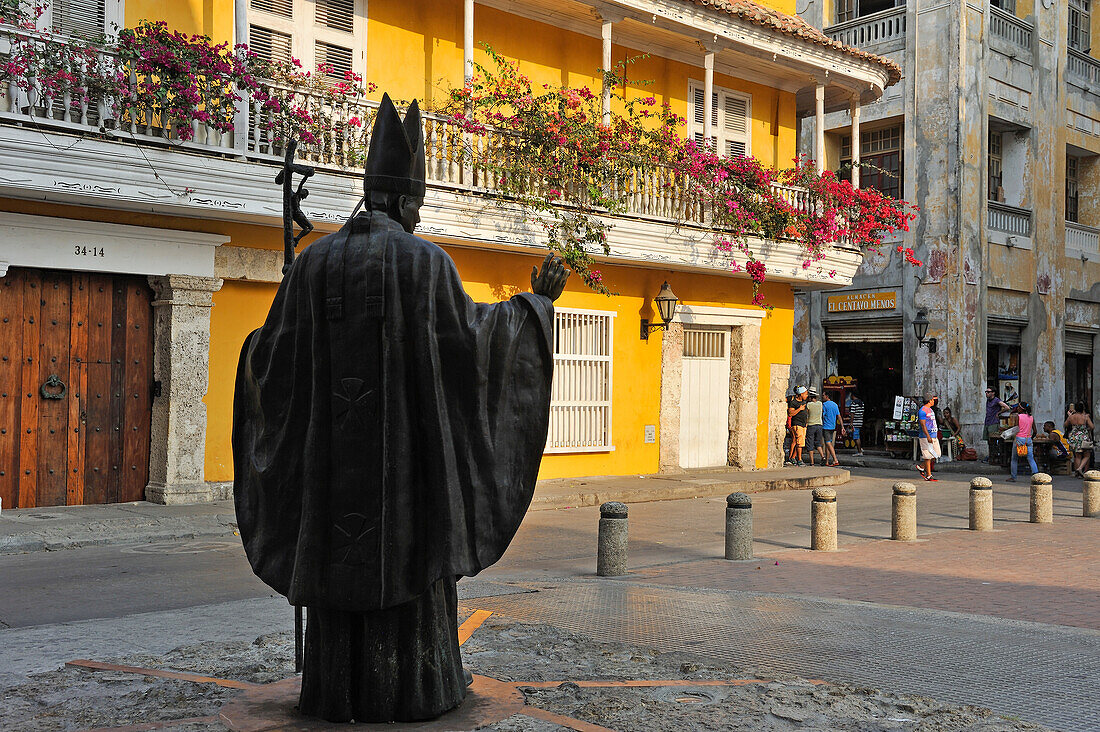 statue in front of the Casa Pombo, Calle del Arzobispado in the downtown colonial walled city, Cartagena, Colombia, South America