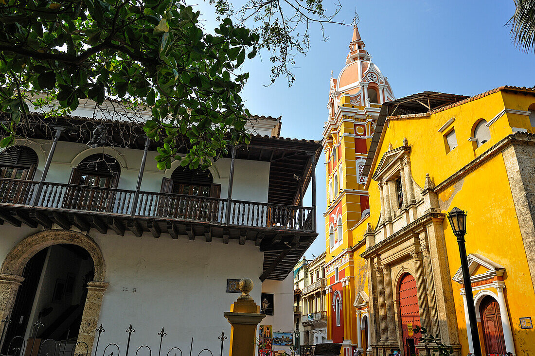 Cartagena Cathedral Basilica of Saint Catherine of Alexandria seen from the Bolivar Square, downtown colonial walled city, Cartagena, Colombia, South America