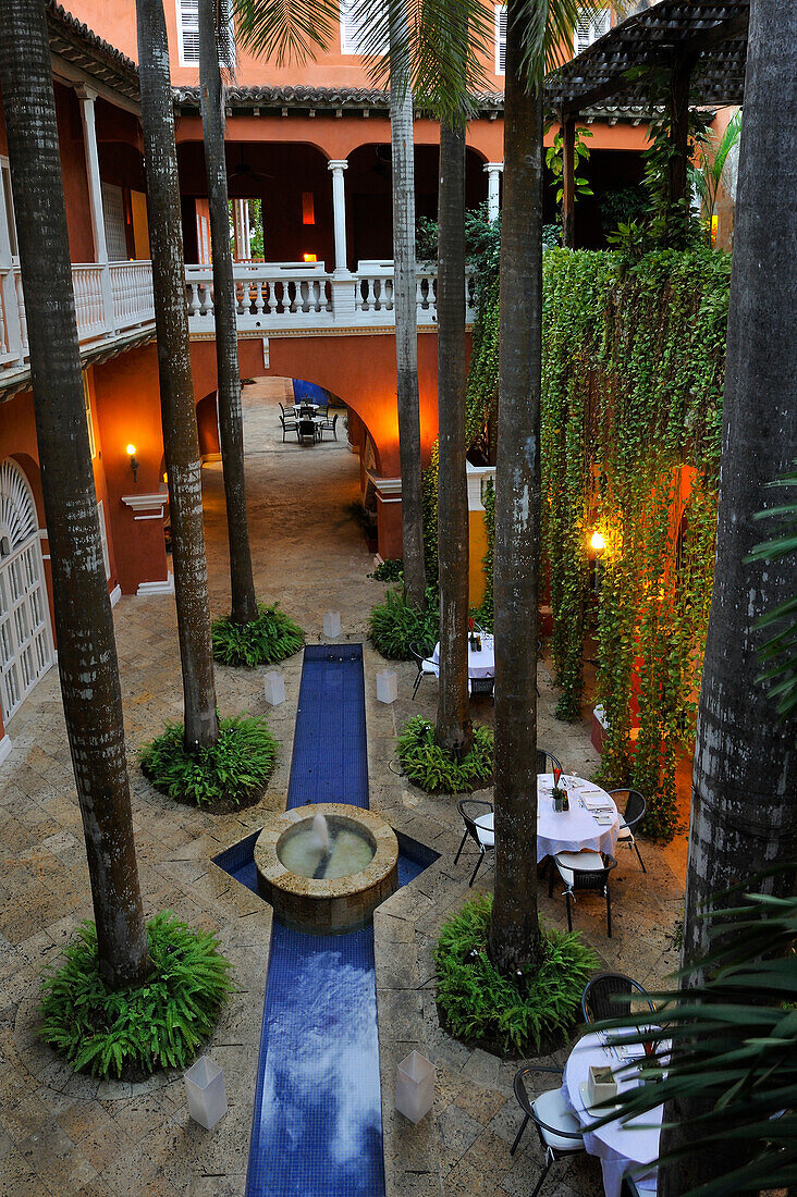 patio of the Casa Pestagua hotel in the downtown colonial walled city, Cartagena, Colombia, South America