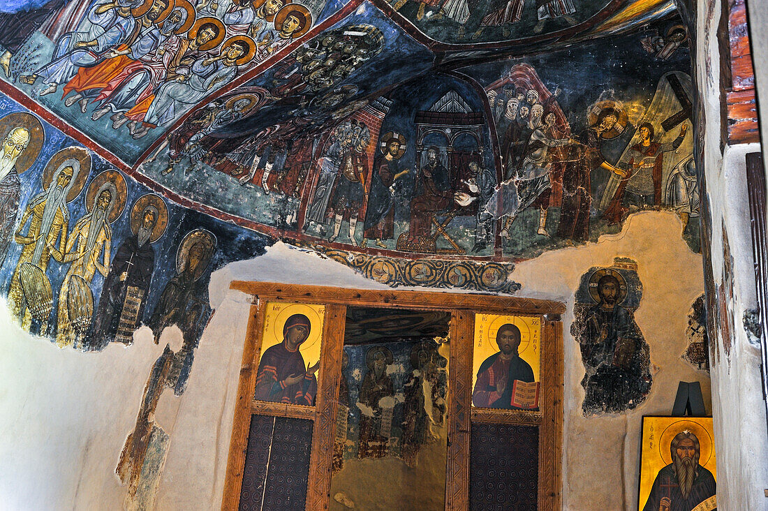 Fresken in der Eremiten-Höhle des Mönchs, orthodoxes Kloster Agios Neophytos, St. Neophytos-Kloster, Tala, Bezirk Paphos, Zypern, östliches Mittelmeer