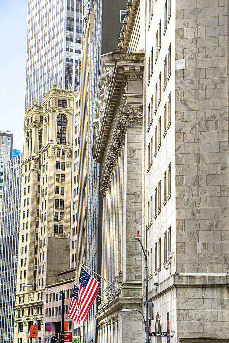 Wall Street and New York Stock Exchange, building exterior, New York City, New York, USA