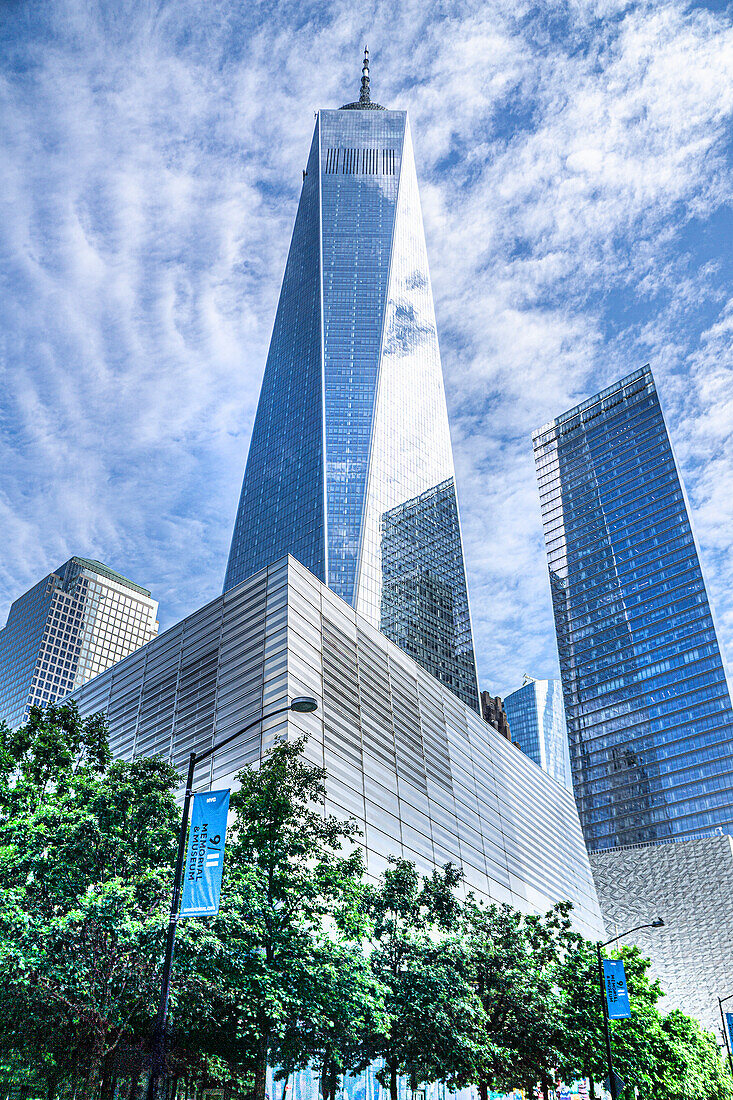 National September 11 Memorial Museum, Brookfield Place, One World Trade Center, Perelman Performing Arts Center, 7 World Trade Center, low angle view of building exterior, World Trade Center, New York City, New York, USA