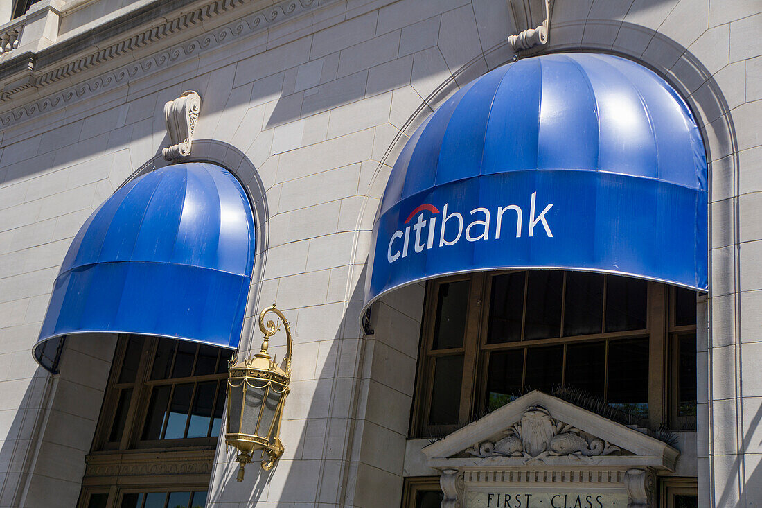 Citibank retail banking office, building exterior with blue awning above windows, New York City, New York, USA