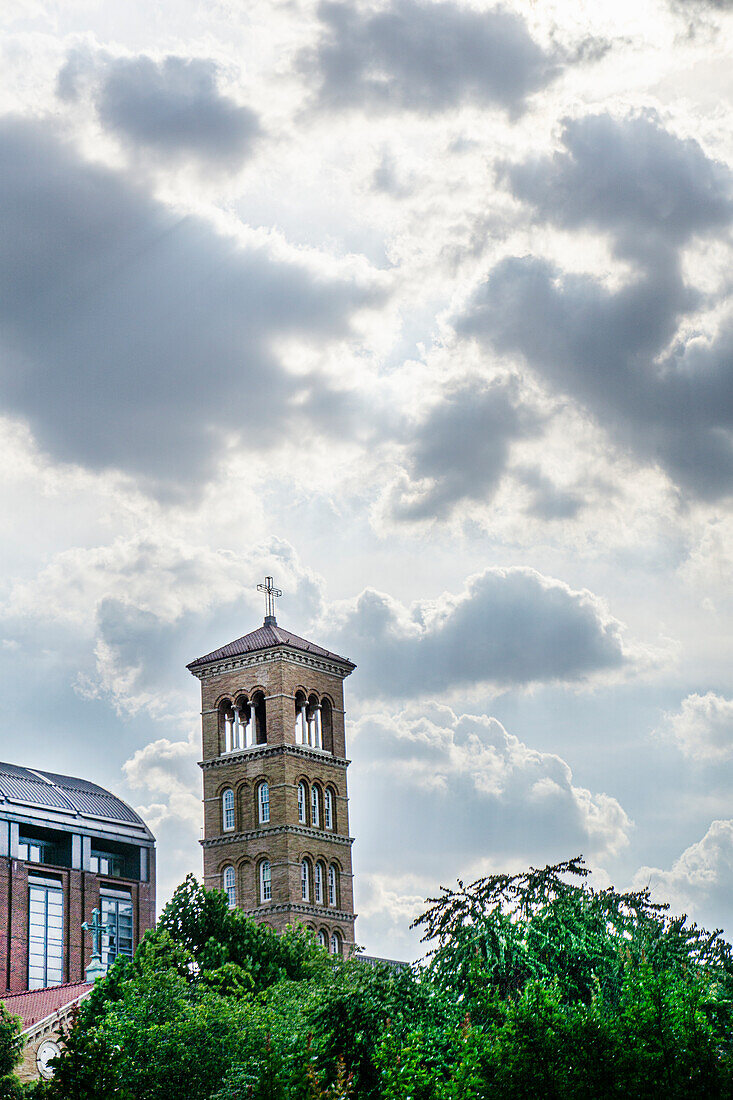 "Judson Memorial Church,\nCampanile (foreground and right), Furman Hall, New York University (left), Greenwich Village, New York City, New York, USA"