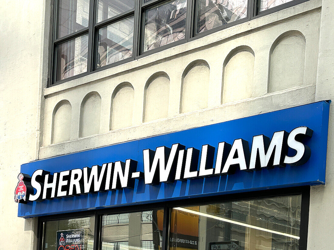 Sherwin-Williams store, building exterior detail, New York City, New York, USA