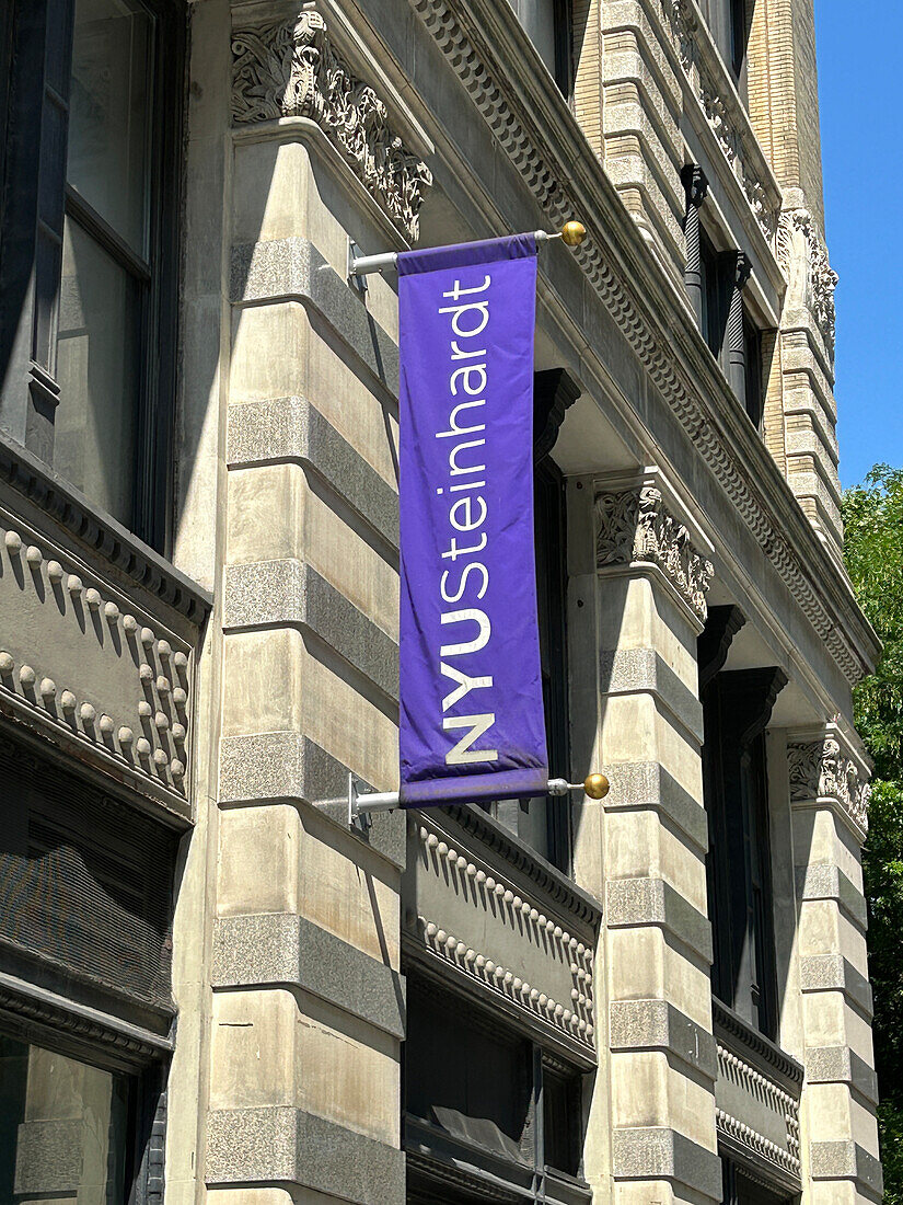 NYU Steinhardt, School of Culture, Education, and Human Development, building exterior banner, New York University, Greenwich Village, New York City, New York, USA