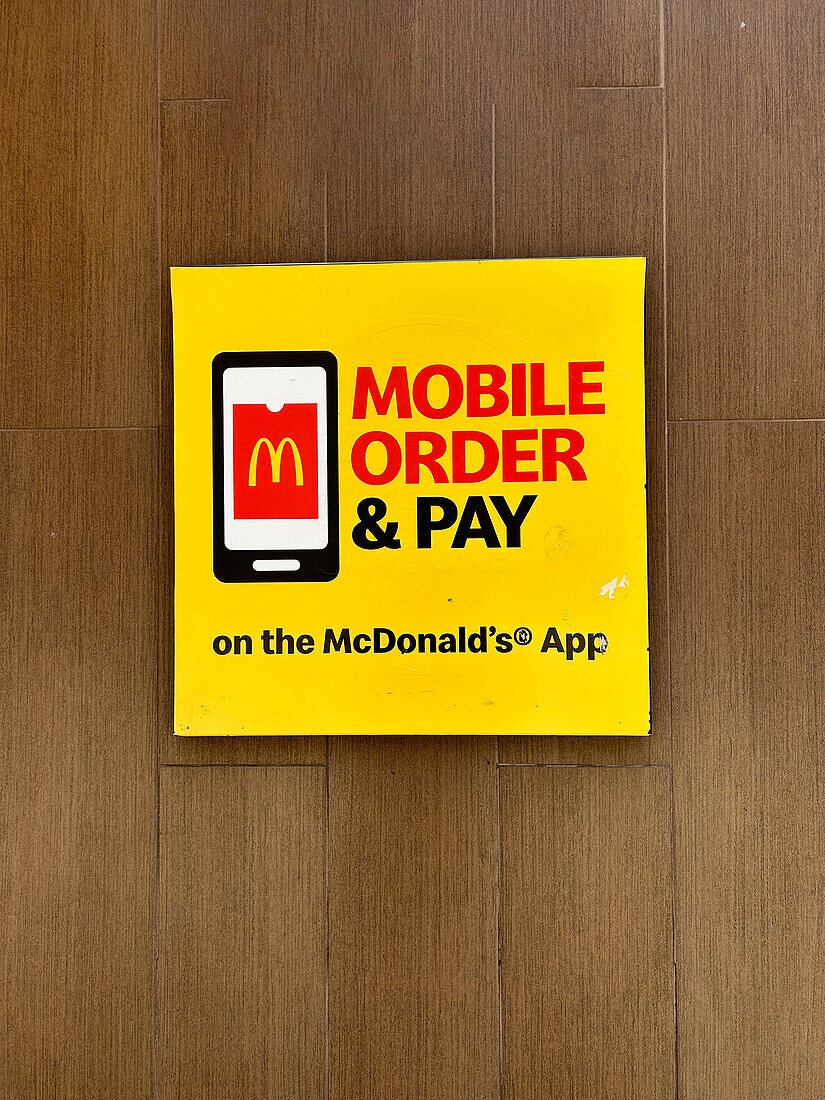 Mobile Order and Pay sign, McDonald's, New York City, New York, USA