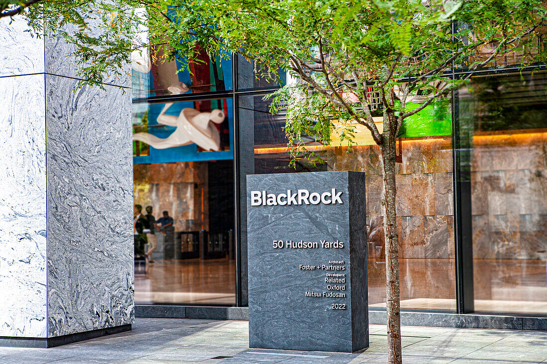 BlackRock, Inc., American international investment company, company sign outside building headquarters, 50 Hudson Yards, New York City, New York, USA