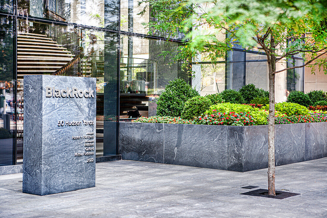 BlackRock, Inc., American international investment company, company sign and flower garden outside building headquarters, 50 Hudson Yards, New York City, New York, USA