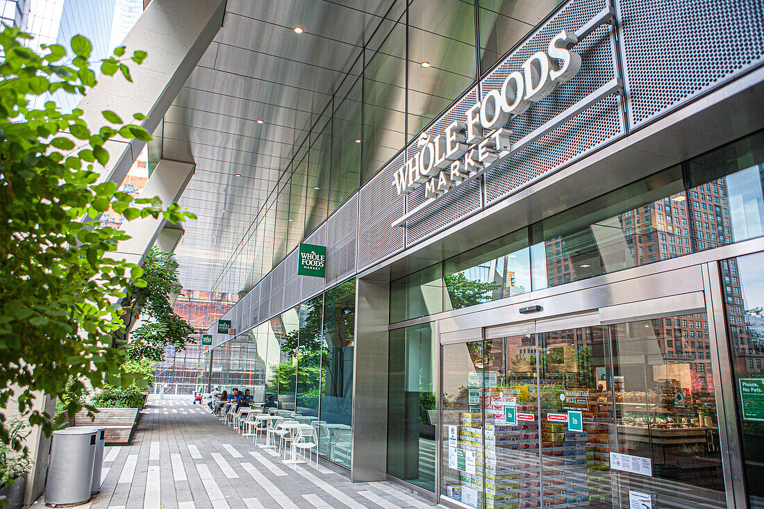 Whole Foods Market, store sign and building entrance, Hudson Yards, New York City, New York, USA