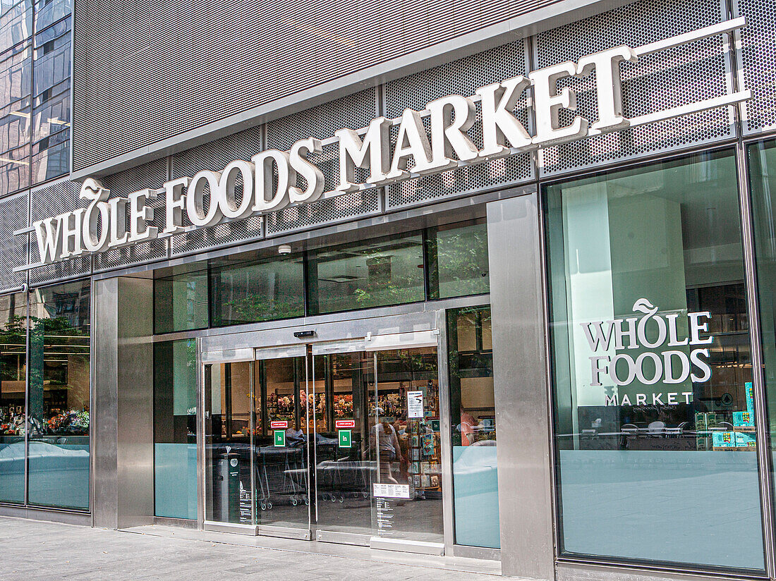 Whole Foods Market, store sign and building entrance, Hudson Yards, New York City, New York, USA