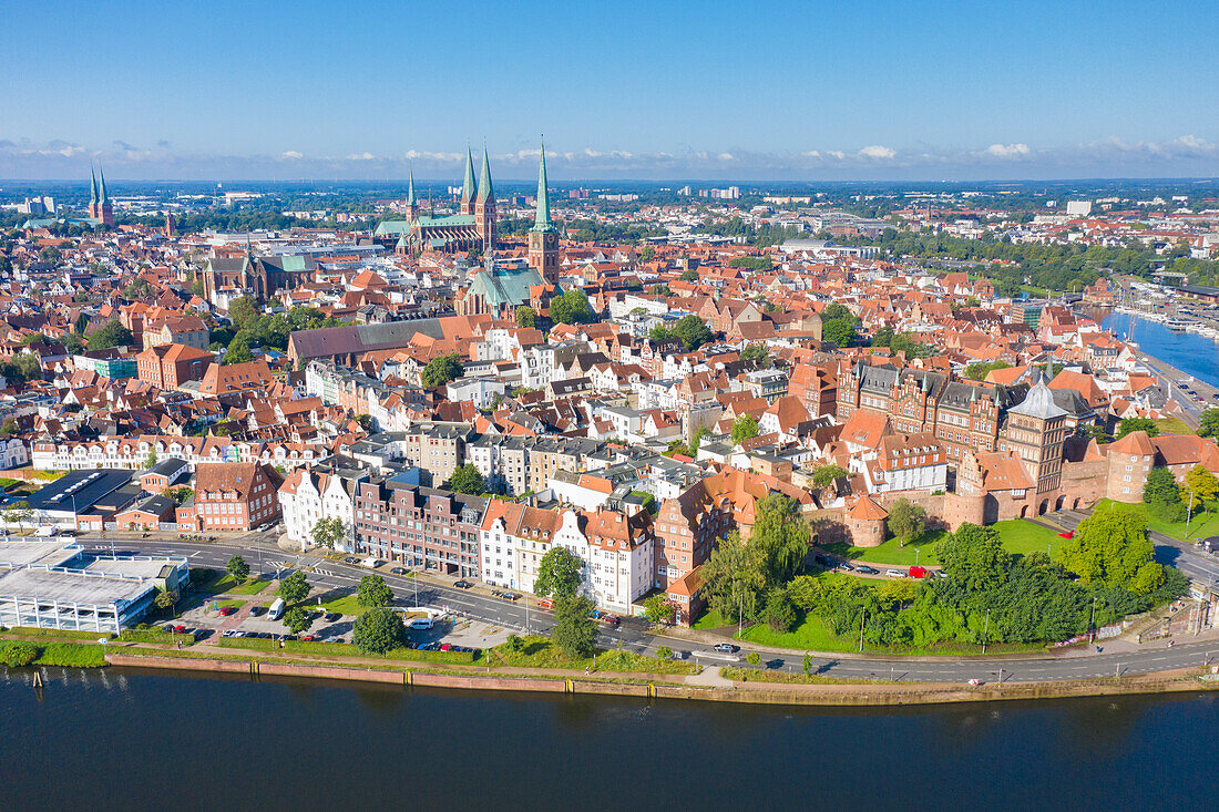  View of the old town and churches of Luebeck, Hanseatic City of Luebeck, Schleswig-Holstein, Germany 