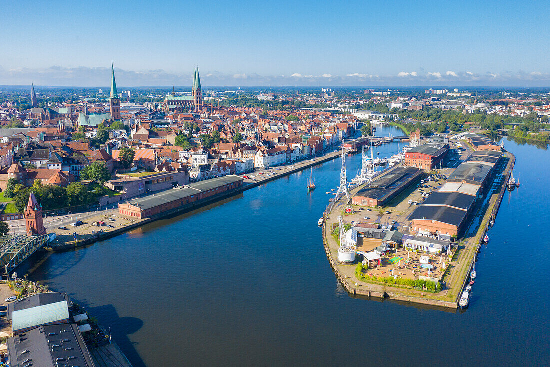  View of the old town and churches of Luebeck, Hanseatic City of Luebeck, Schleswig-Holstein, Germany 