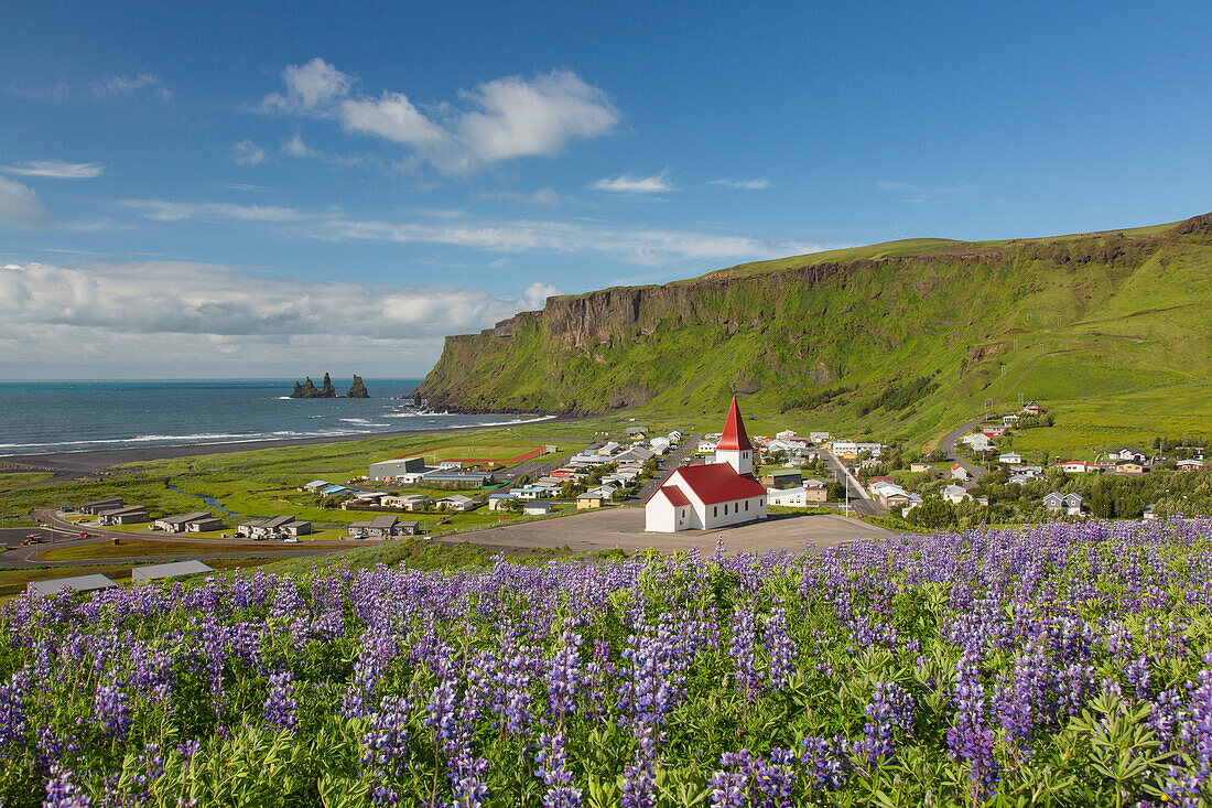  View of church in Vik i Myrdal, summer, Iceland 