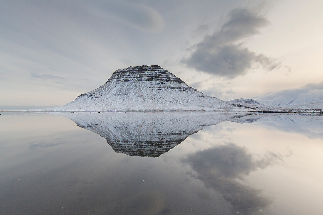  Kirkjufjell mountain reflected in the fjord, winter, Iceland 