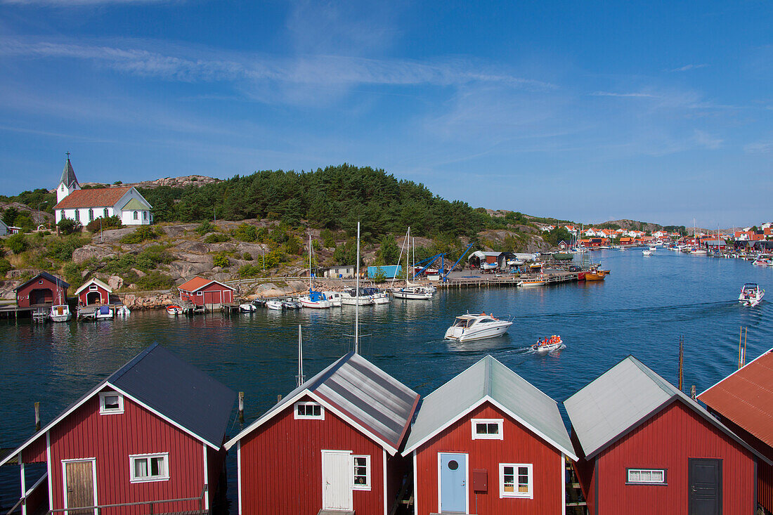  Red boathouses in Hamburgsund, Bohuslaen, Sweden 