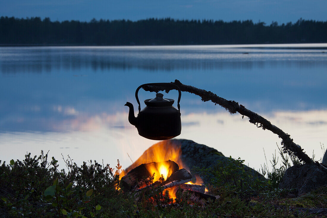  Coffee kettle, campfire, evening atmosphere at the lake, Dalarna, Sweden 