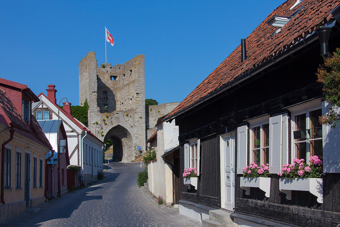  Old town houses and city wall in Visby, Gotland Island, Sweden 