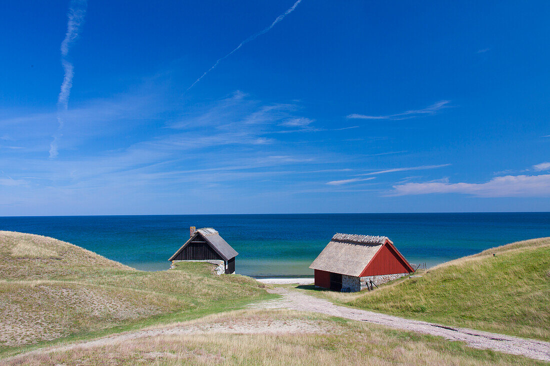  Fishermen&#39;s cabins, on the coast, Havaeng, Skåne County, Sweden 