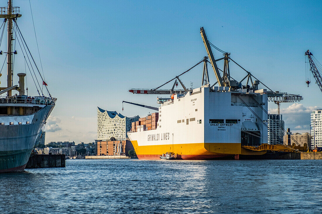  Ships on the Elbe with Elbphilharmonie, Port of Hamburg, Hamburg, Northern Germany, Germany 