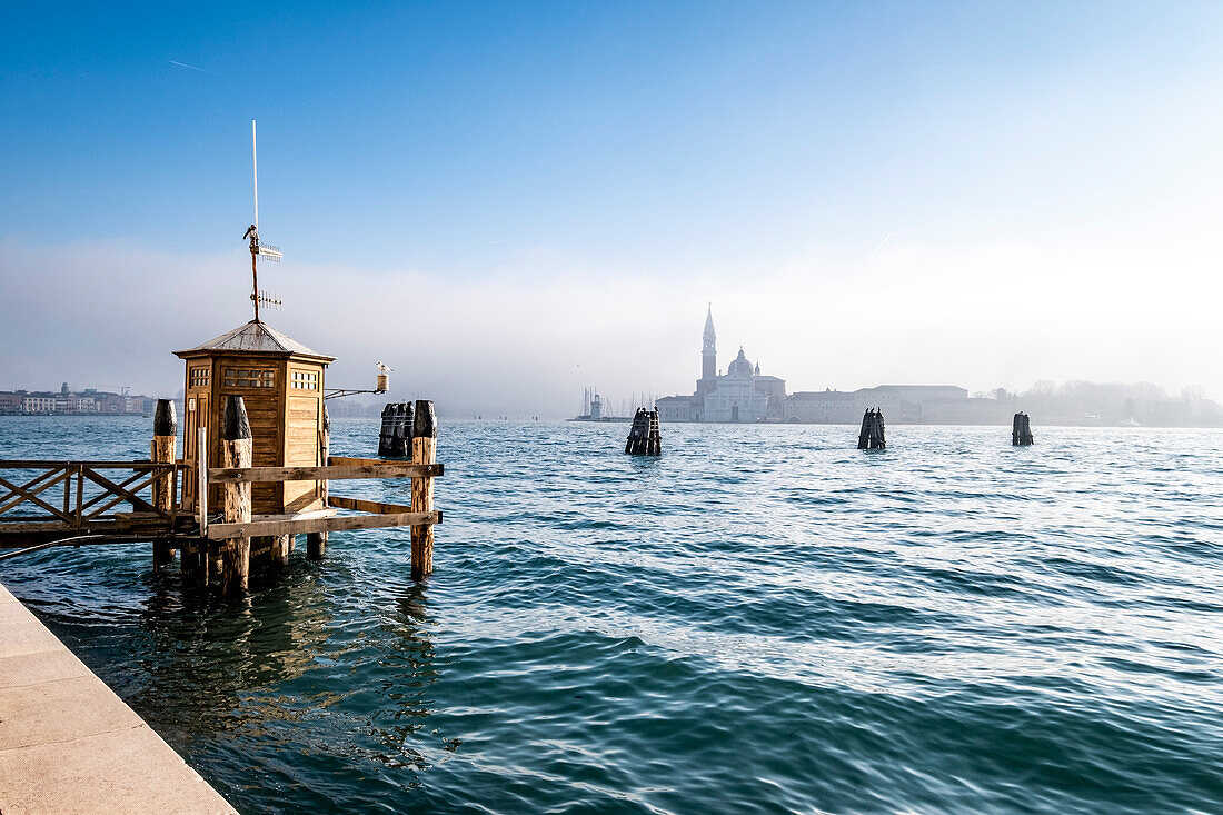  View in the fog of the Giudecca, Venice, Veneto, Italy 