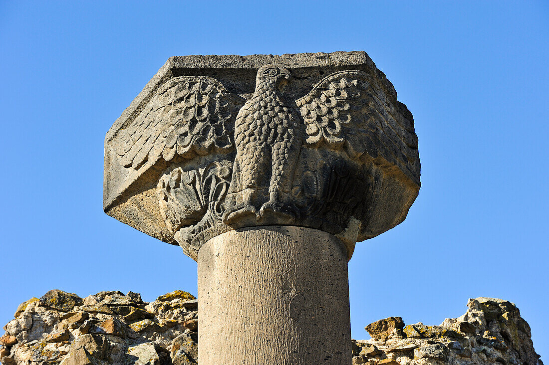 one of the eagle capitals of Zvarnots Cathedral ruins, located near the city of Vagharshapat (commonly known as Ejmiatsin),  UNESCO World Heritage Site, suburbs of Yerevan, Armenia, Eurasia