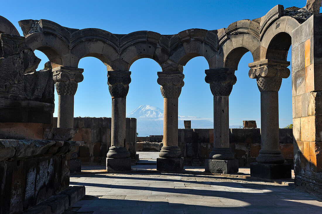 rebuilt sections of the ruins of Zvarnots Cathedral, located near the city of Vagharshapat (commonly known as Ejmiatsin),  UNESCO World Heritage Site, suburbs of Yerevan, Armenia, Eurasia