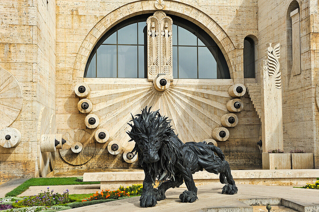 "Lion" sculpture made with used tire by Yong Ho Ji, on the monumental staiway Cascade, Yerevan, Armenia, Eurasia