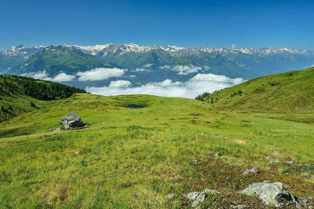  View from Maureregg to the Salzach Valley and the Hohe Tauern, Maureregg, Pinzgauer Höhenweg, Kitzbühel Alps, Salzburg, Austria 