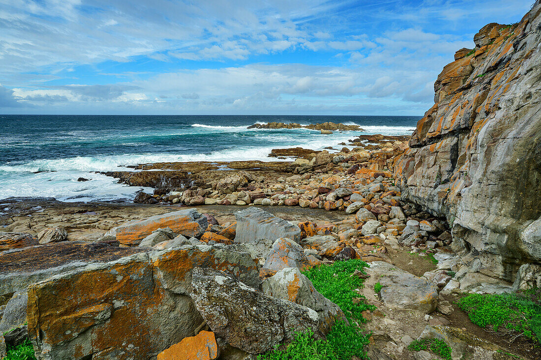  Rocky landscape on Robberg Island with surf in the background, Robberg Nature Reserve, Garden Route National Park, Western Cape, South Africa 