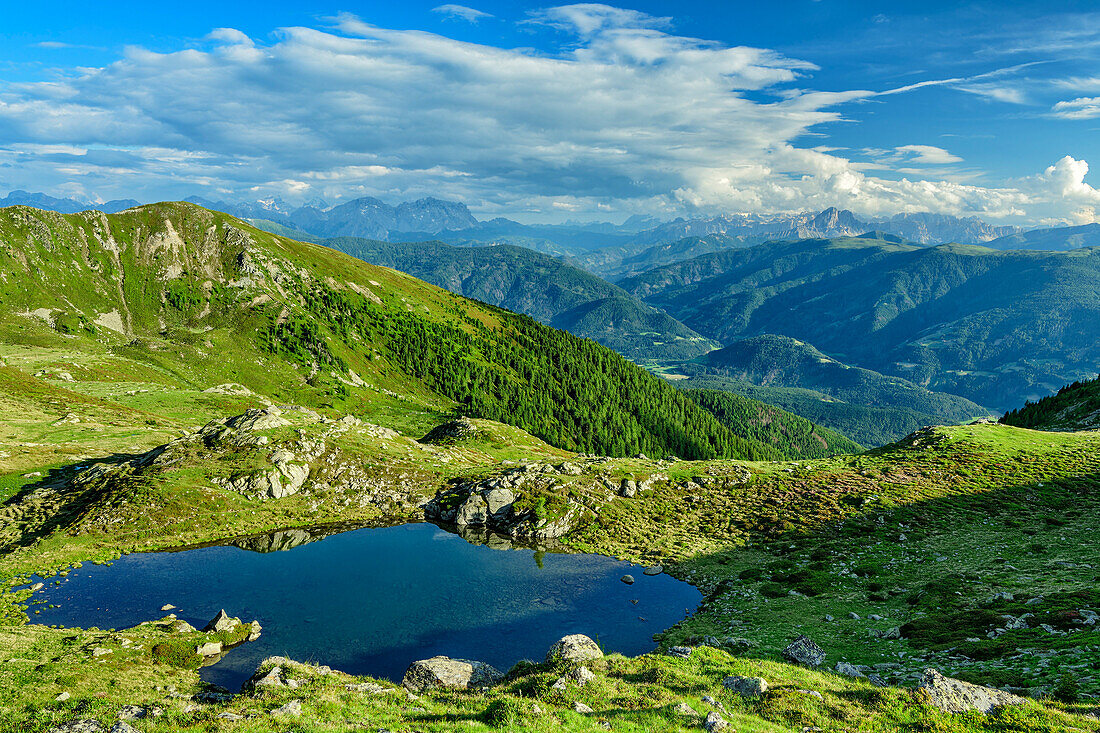  Bärentaler Lake with Dolomites in the background, Pfunderer Höhenweg, Zillertal Alps, South Tyrol, Italy 