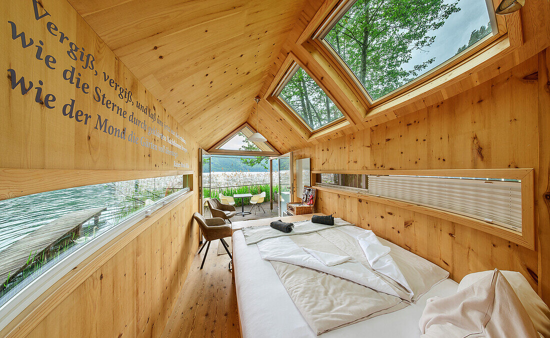  Interior shot of tiny house at Lake Millstatt, reed bivouac, Via paradiso, Lake Millstatt, Nockberge, Niedere Tauern, Carinthia, Austria 