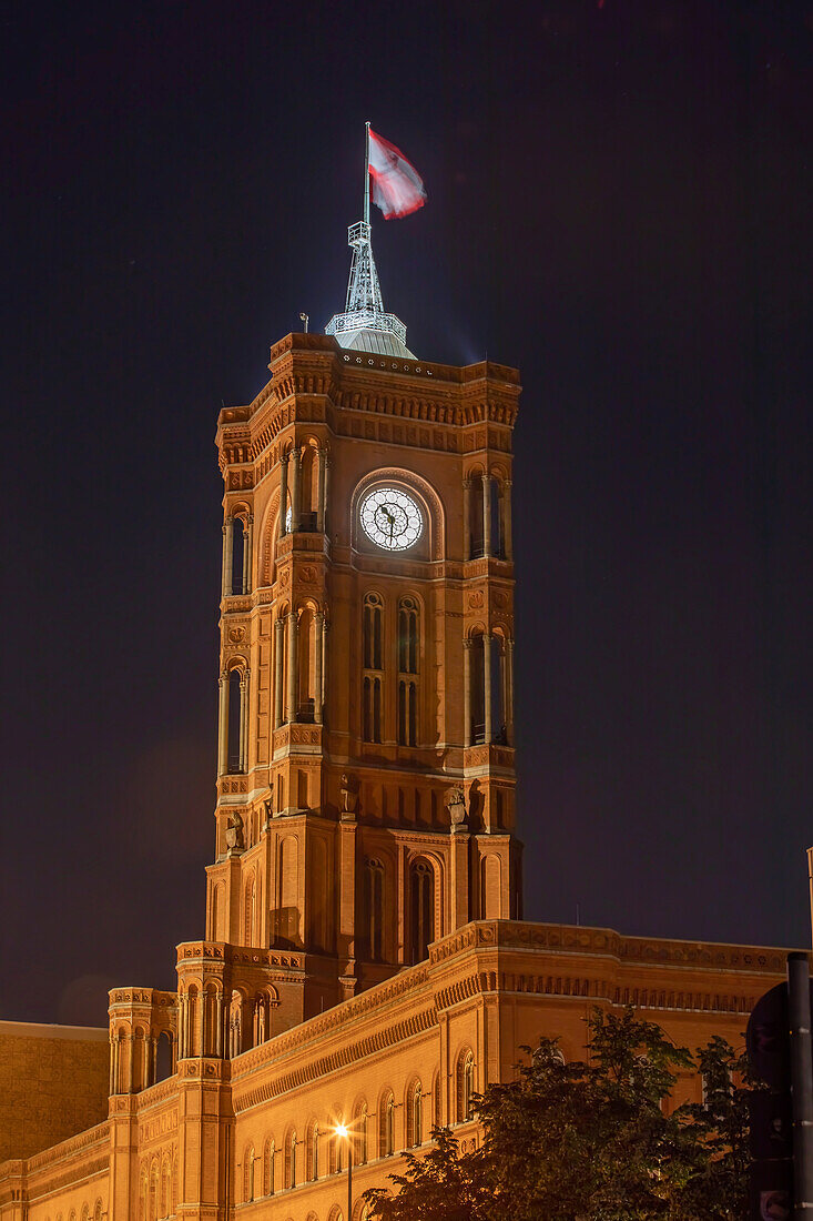  The Red Town Hall at night, Alexanderplatz, Berlin-Mitte, East Berlin, Berlin, Germany, Europe 