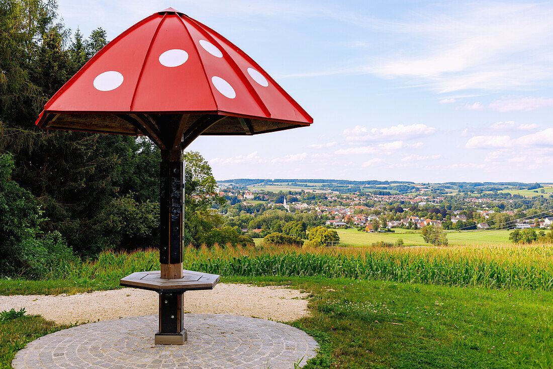  former meeting and protest site against the construction of the A 94 motorway &quot;Schwammerl&quot; with a view of Dorfen and the Isental in Upper Bavaria in Germany 