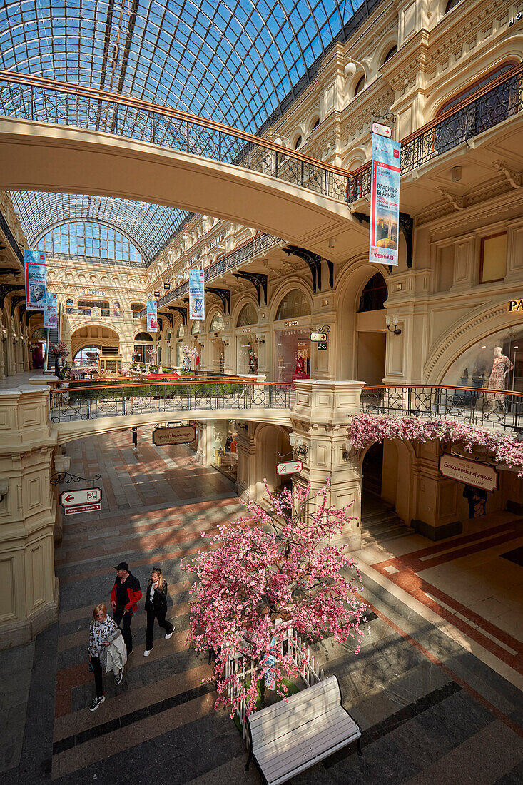 Interior view of GUM department store, a premier shopping destination in Moscow, Russian Federation.