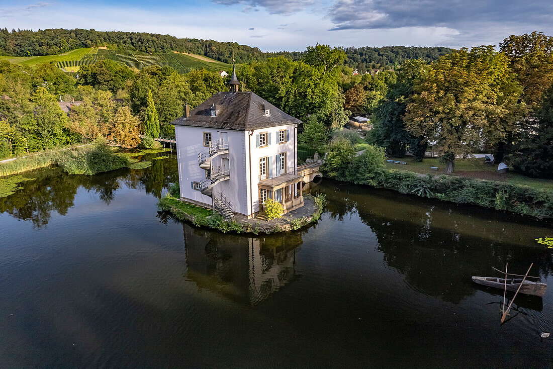  The Trappenseeschlösschen in the Trappensee in Heilbronn seen from the air, Baden-Württemberg, Germany  