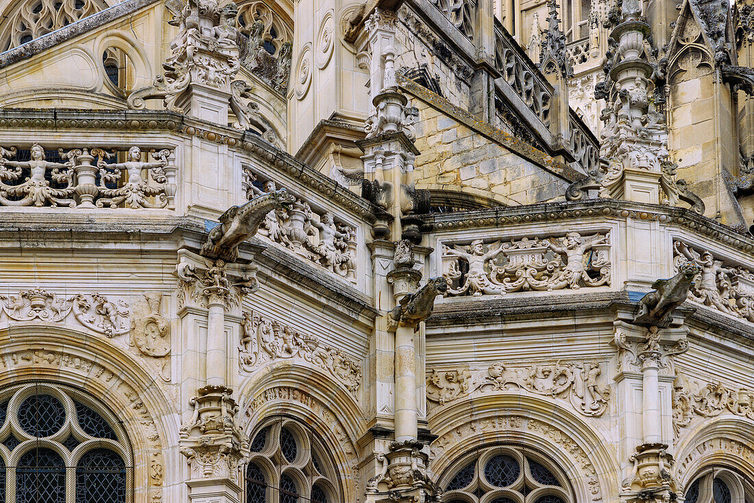  Sculptural decorations and figurative reliefs on the facade of the church Église Saint-Pierre in Caen in the Calvados department in the Normandy region of France 